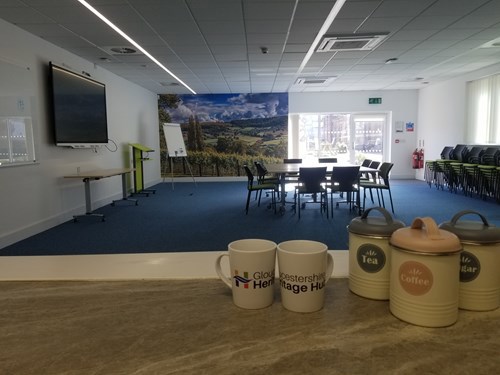 Meeting room viewed through a kitchen hatch
