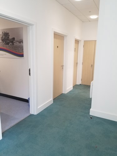 Toilet doors in a hallway